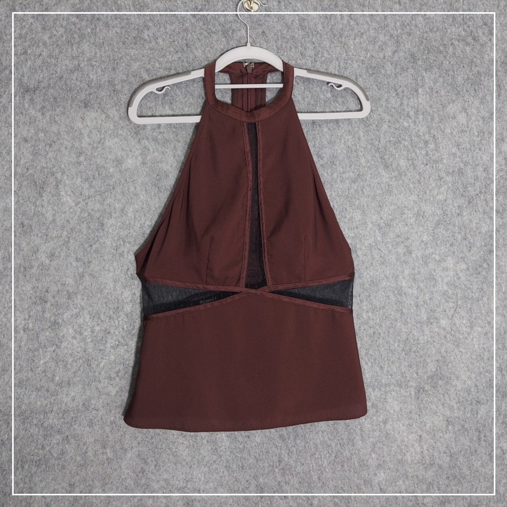 Express Women Blouse 8 Open Back Mesh‎ Panel High Neck Peplum Satin Cottage